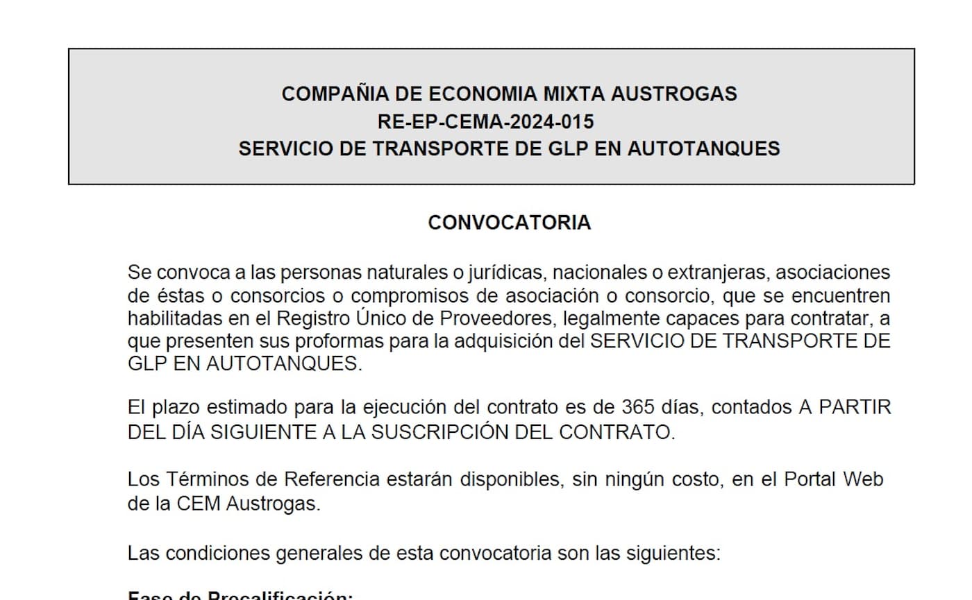 CONVOCATORIA - SERVICIO DE TRANSPORTE DE GLP EN AUTOTANQUES